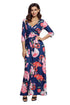 Sexy Navy Floral Print Wrapped Long Boho Dress