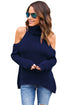 Sexy Navy High Neck Cold Shoulder Ribbed Knit Top
