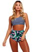 Sexy Navy Striped Crop Top and Leaf Print High Waist Swimsuit