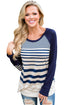Sexy Navy Striped Patch Elbow Raglan Blouse