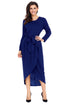 Sexy Navy Tulip Faux Wrap Sash Tie Jersey Dress