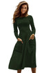 Sexy Olive Bateau Collar Casual Big Pocket Skater Dress