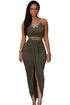 Sexy Olive Faux Suede Two Piece Maxi Skirt Set