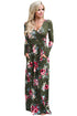 Sexy Olive Floral Surplice Long Sleeve Maxi Boho Dress