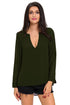 Sexy Olive V-Neck Button Detail Dip Back Blouse Top