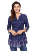 Sexy Peacock Floral Navy Chiffon Button-Down Pin Tuck Tunic