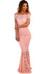 Sexy Pink Bardot Lace Fishtail Maxi Dress