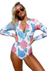 Sexy Pink Blue Peony Long Sleeve Zip Front One Piece Swimsuit