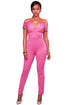 Sexy Pink Lace Applique Spaghetti Straps Cold Shoulder Jumpsuit