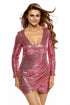 Sexy Pink Ruched Sequin Long Sleeve Nightclub Dress