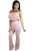 Sexy Pink Ruffle Lace Crop Top Wide Leg Pant Set