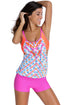 Sexy Printed Layered-Style Rosy Tankini with Swim Trunks