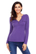 Sexy Purple Button Long Sleeve Top with Pockets