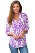 Sexy Purple Damask Print Slight Collar V Neck Blouse