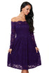 Sexy Purple Long Sleeve Floral Lace Boat Neck Cocktail Swing Dress
