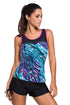 Sexy Purple Trim Greenish Graffiti Print Mesh Splice Tankini Top