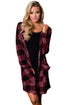 Sexy Purplish Red Checkered Button Up Hooded Cardigan