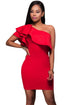 Sexy Red Asymmetric Ruffled Neckline Bodycon Mini Dress