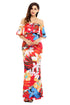 Sexy Red Floral Print Off Shoulder Maxi Boho Dress