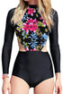 Sexy Red Flowery Print Long Sleeve Surfing One Piece Swimsuit