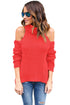 Sexy Red High Neck Cold Shoulder Ribbed Knit Top