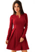 Sexy Red Long Sleeve V Neck Pleated Skater Dress