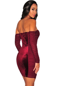 Sexy Red Off Sholder Long Sleeve Velvet Panels Lace up Dress