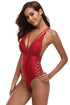 Sexy Red Plunge V-Neck Crisscross Detail Monokini