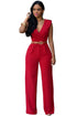Sexy Red V Neck Belt Embellished Jumpsuit
