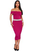Sexy Rhinestone Waistband Fuchsia Off The Shoulder Midi Dress
