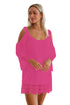 Sexy Rosy Lacy Crochet Trim Crinkle Cold Shoulder Beachwear