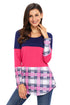 Sexy Rosy Navy Block Plaid Splice Long Sleeve Top