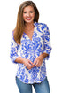 Sexy Royal Blue Damask Print Slight Collar V Neck Blouse