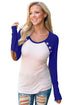 Sexy Royal Blue Raglan Sleeve Elbow Patch and Buttons Top