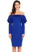 Sexy Royal Blue Ruffle Off The Shoulder Long Sleeve Bodycon Dress