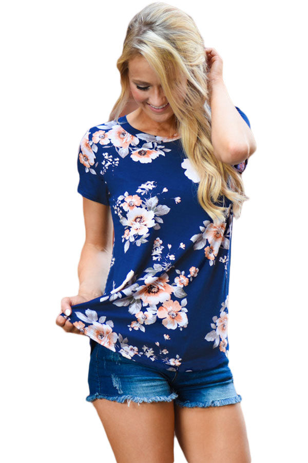 Sexy Royalblue Short Sleeve Round Neck Floral Printed T Shirt Sexy Affordable Clothing 