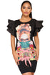 Sexy Ruffle Sleeves Graphic T-shirt Dress in Black