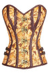 Sexy Tan Satin Globe Print Overbust Corset with Thong