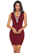 Sexy V Neck Hollow-out Silver Trim Red Bodycon Prom Dress