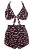 Sexy Waterfowl Print Black Retro High Waist 2 Pieces Swimsuit