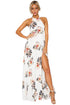 Sexy White Floral Cutout Back Halter Split Maxi Boho Dress