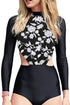 Sexy White Flowery Print Long Sleeve Surfing One Piece Swimsuit