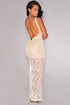 Sexy White Lace Nude Illusion Plunging Back Maxi Dress