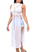 Sexy White Mesh Patchwork Sleeveless High Side Split Club Top