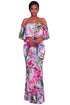 Sexy White Pink Floral Print Off Shoulder Maxi Boho Dress