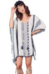 Sexy White Print Pom Pom Trim Tassel Tie Caftan Tunic