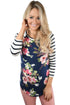 Sexy White Striped Sleeves Navy Floral Top