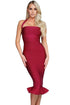 Sexy Red Halter Mermaid Midi Bodycon Bandage Dress with Flare