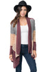 Sexy Wine Shawl Neck Colorblock Long Sleeve Cardigan