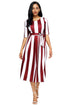 Sexy Wine Stripe Print Half Sleeve Belted Dress